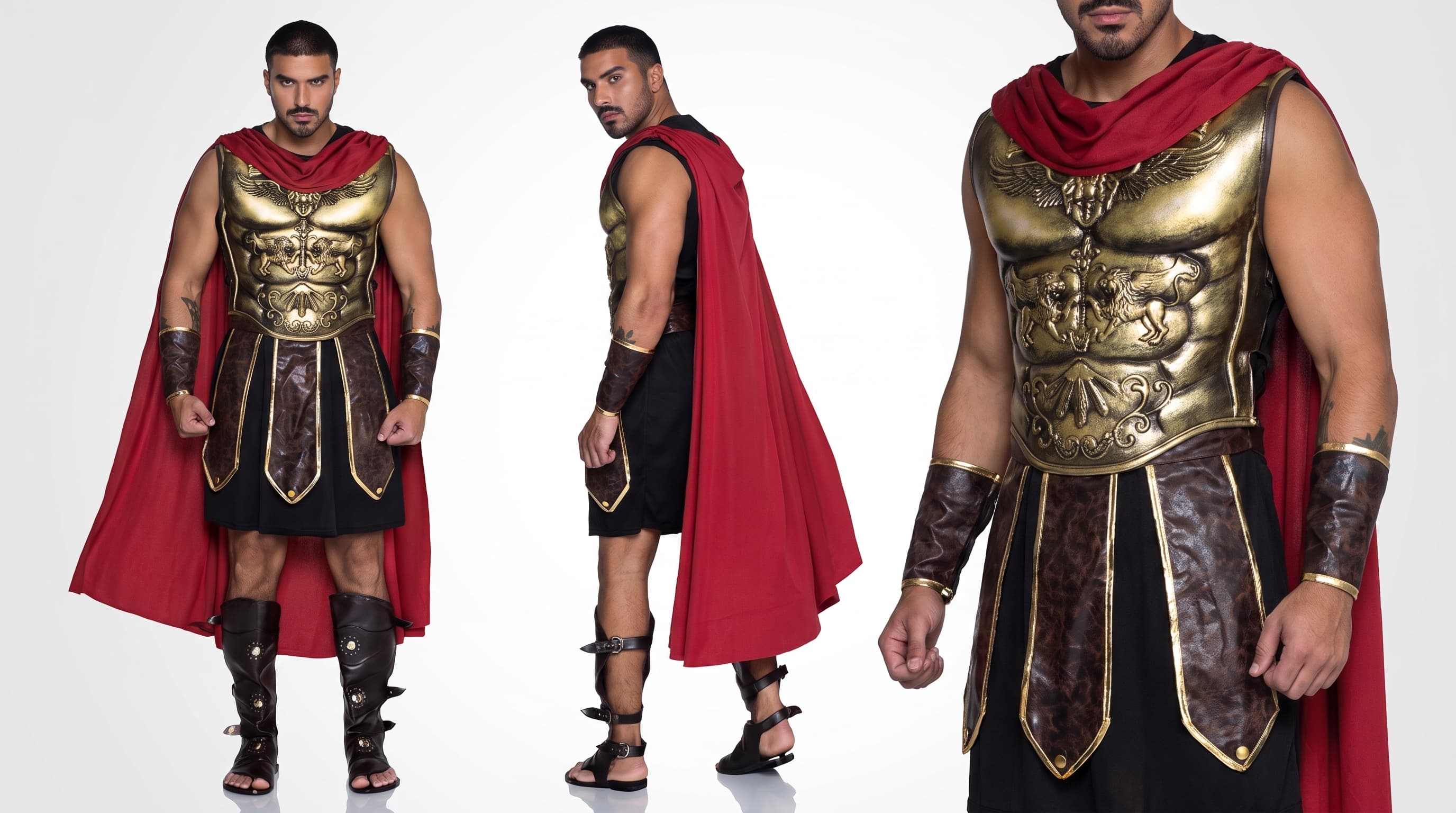 Gladiator-inspired costume shown from the front, side and in material detail